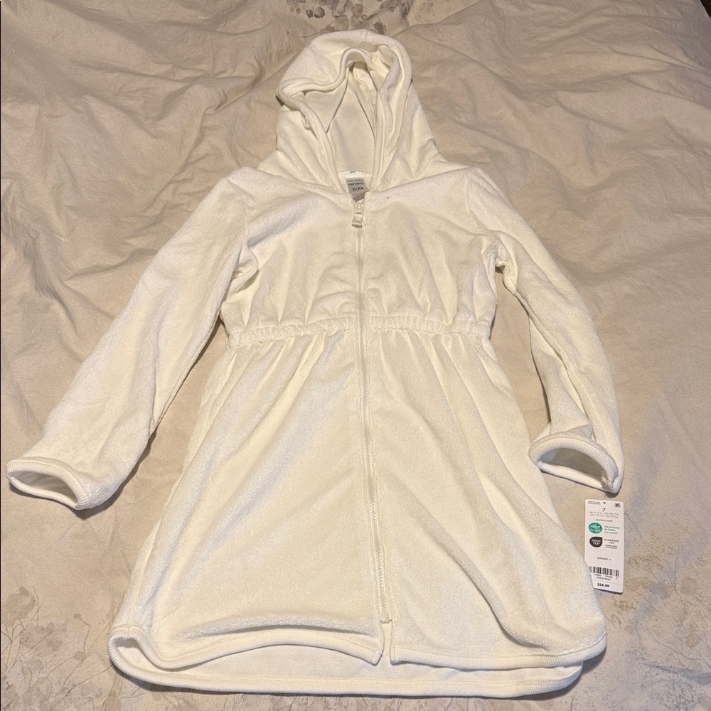 New with tag Carters White Terry Hooded Zip-Up Robe Swim Coverup Beach Girls 7